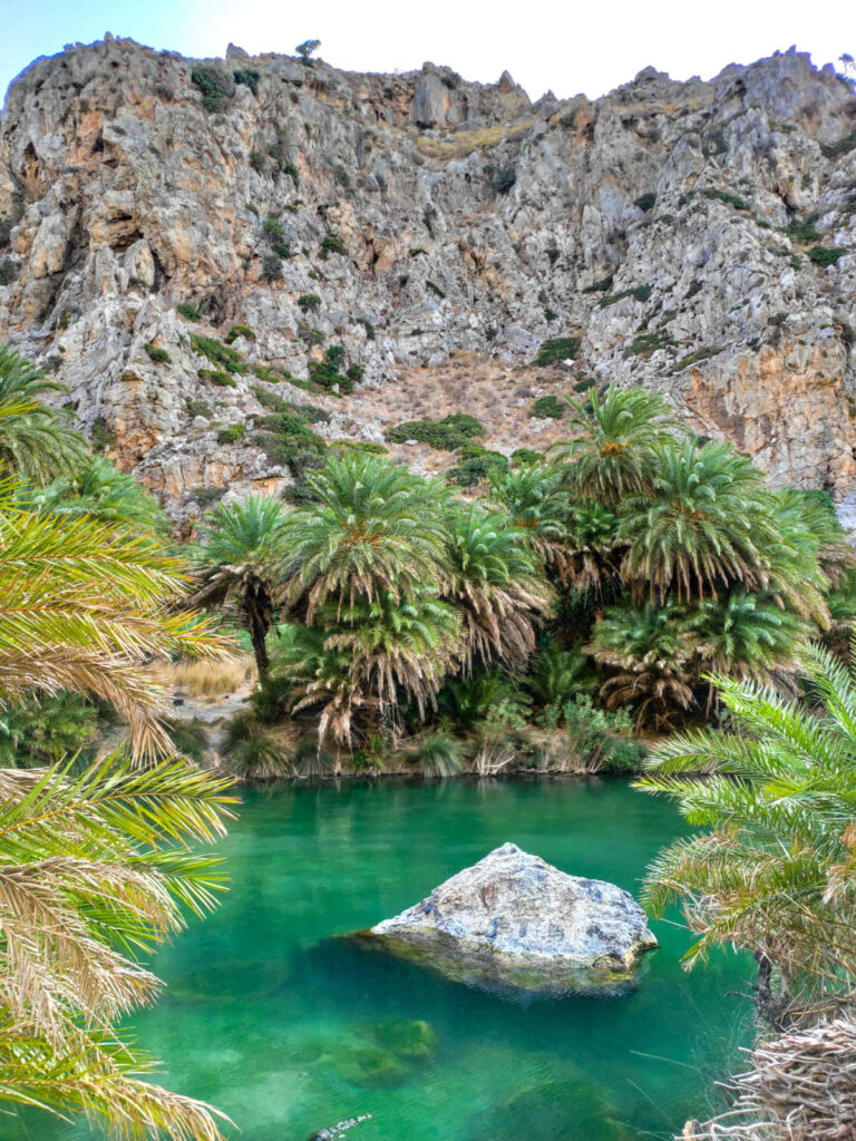 The distinct date palm grove and clear emerald lagoon at Preveli Beach Crete, a must-visit destination for slow travel and for those wondering where to stay in Greece 2026.